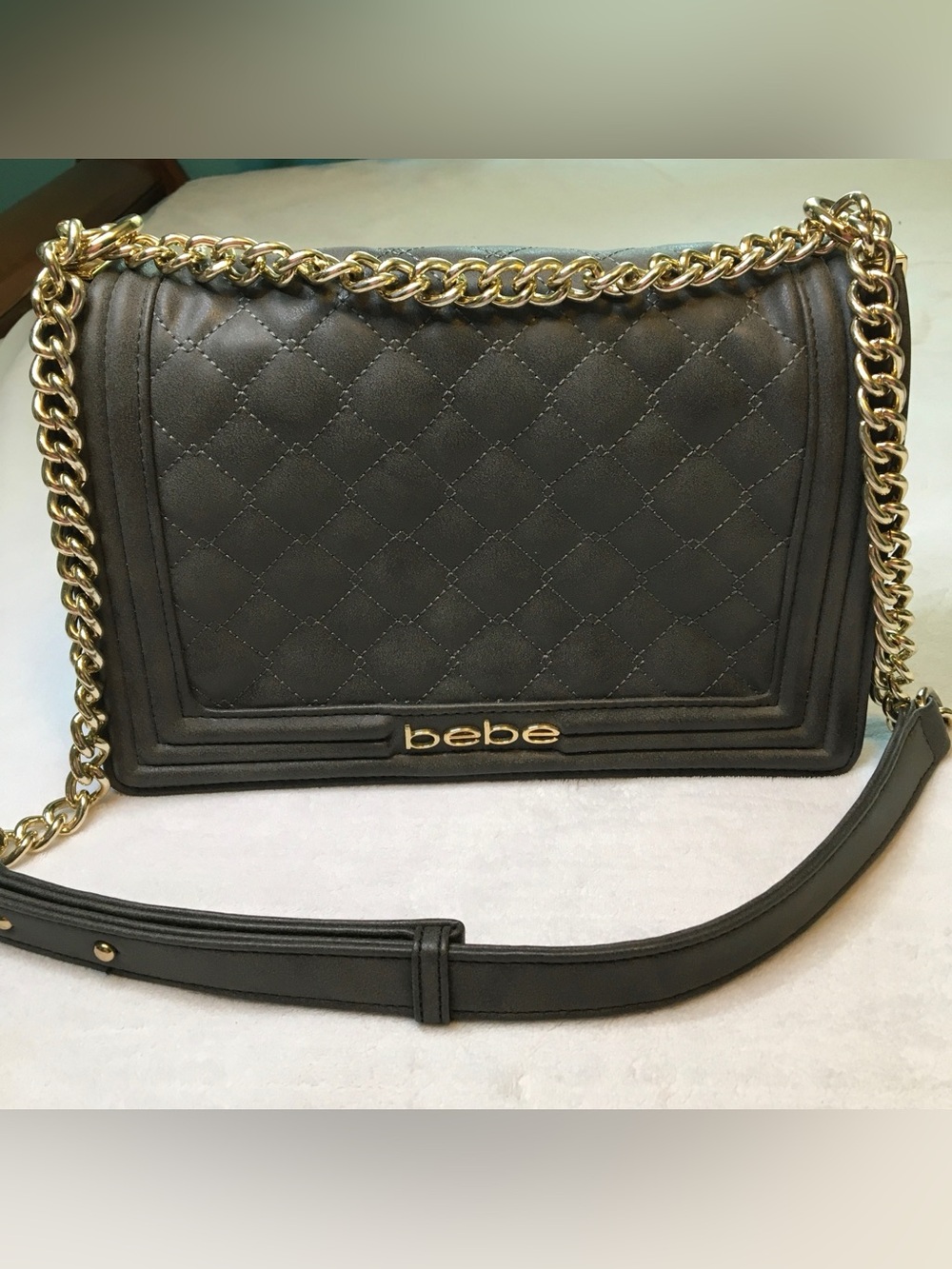 bebe Quilted Grayish Black Crossbody with Gold Chain